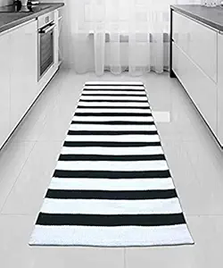 Eco Friendly Pure Cotton Yoga Mat Anti Skid, Mat for Gym, for Flooring Exercise, Indoor n Outdoor, Striped Design, Zero Plastic Textured Area Rug/Runner, for Bedroom Living Room- ( Black n White 2 x 5 feet ) By The Home Talk