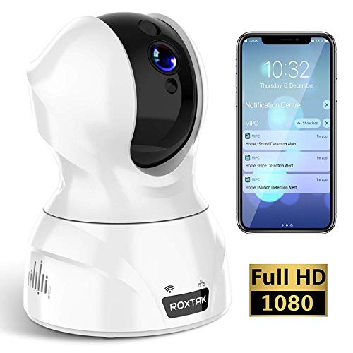 Caméra Surveillance WiFi 1080P, ROXTAK IP Caméra IP sans Fil avec Cloud Echo Show PTZ Détection Facial, Audio Bidirectionnel, Détection et Suivi de Mouvement, Vision Nocturne pour Bébé /Aîné /Animal