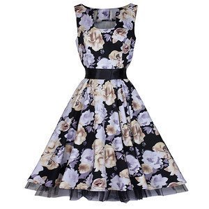 Pretty Kitty Fashion 50s Black Cream Floral Swing Dress