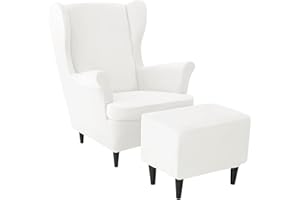 JHLD Samt Stretch Husse für Ohrensessel Mit Ottomane Schonbezug, Husse für Ohrensessel Ottomane Bezug 3 Stück weiche Ohrensessel Schonbezug Abnehmbare Waschbar -Weiß-3 Stück