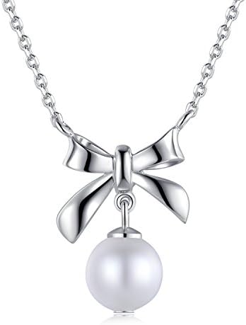 LR Accessory 925 Sterling Silver Bow Dangling Freshwater Pearl (6MM) Necklace 16", Valentines Day Gifts for Women Girls
