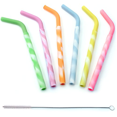 igadgitz Home wiederverwendbar 100% lebensmitteltauglichen BPA-freien weichem Silikon Gerade & biegbar Trinkstrohhalme mit Reinigungsbürste aus Metall - 6er Set (Lila, Orange, Gelb, Pink, Grün, Blau)