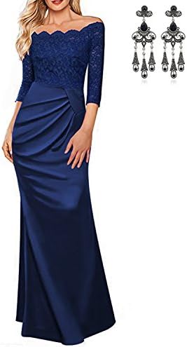 carinacoco Shoulder Dress Lace Stitching Long Sleeve Maxi Formal Evening Party Cocktail Banquet Ball Gown Dresses,Blue,42