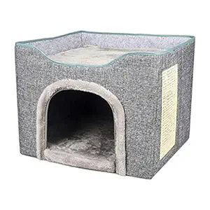 Meri SHOPP Cat Bed with Scratch Pad Foldable House for Indoor Cats Grey