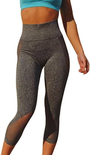 Hmeng Womens Ladies Yoga Sporty Black Tights Fishnet Mesh Legging Cycling Seven Point Pants (Gray, S)