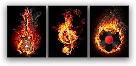 Music Wall Art Fire Guitar Abstract Canvas Prints Home Decor for Living Room Bedroom Modern Black and Red Pictures 3 Panel Posters Printed Painting Artwork Framed Ready to Hang (12"Wx16"Hx3Panels,A)