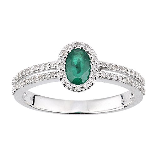 Revoni – 18 ct Weißgold Diamant und Smaragd Oval Ring mit Diamant Schultern