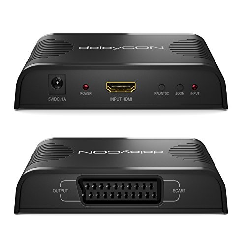 deleyCON HDMI zu SCART Konverter 1080p FULL HD HDMI SCART Wandler HDMI Eingang zu SCART Ausgang Composite Video PAL / NTSC 16:9 / 4:3 - 3