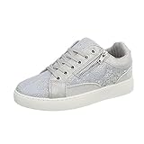  Ital-Design Sneakers Low Damen-Schuhe Schnürsenkel Freizeitschuhe Grau Silber, Gr 37, 744-