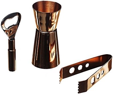 Stylish Mini Copper Bar Set - comprising copper finished double spirit measure bottle opener and ice tongs