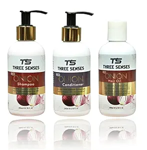 Three senses Combo Natural Red Onion shampoo for hair strengthening & Organic Red Onion Hair Treatment Conditioner & Onion Hair Oil Extracts Controls Hair Fall