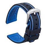 ULLCHRO Unisex Kautschuk Armband mit Gebürstete Edelstahl Silber Schnalle 22mm Schwarz Blau 0922lan