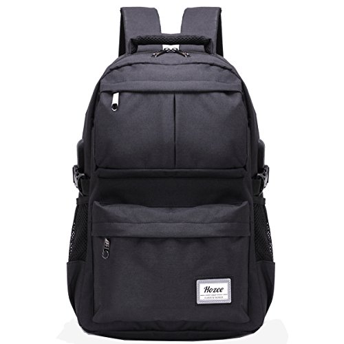 Hozee Schulrucksack Rucksack mit usb ladeanschluss und 15 6 Zoll laptopfach f  r Schule Reise Camping Outdoor Sport -Schwarz