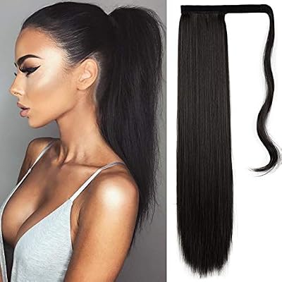 FESHFEN Postiche Queue de Cheval Raides 61cm Extension de Cheveux Synthétiques Avec Pince
