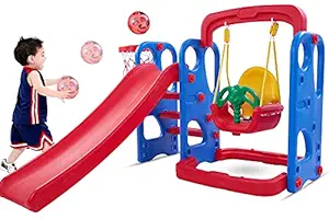 Goodluck Baybee Plastic Garden Slide for Kids/Toddlers/Indoor/Outdoor Preschoolers Children Swing & Slider Playgro for Kids Boys and Girls Age 1 to 3 Years (3in1 Slider+Swing+Basketball, Red Blue)