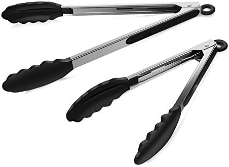 Tongs for BBQ, iLOME Salad Tongs Stainless Steel Serving Tong with Silicone Tips for barbecue 9 and 12 inch (Black)