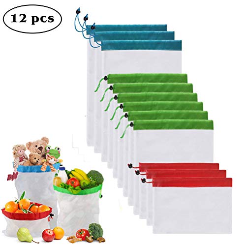 Enshant Sacs en Maille Réutilisables, [Lot de 12] Sac de Produires Lavable Filet à Sacs Réutilisables à Fruits et Légumes Les Fruits Les Jouets Les Légumes l'épicerie Les Shopping et Le Stockage