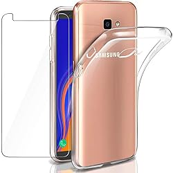 Leathlux Funda + Cristal para Samsung Galaxy J4 Plus, Transparente TPU Silicona [Funda + Vidrio Templado] Ultra Fino Protector de Pantalla 9H Dureza HD Case Cover para Samsung Galaxy J4 Plus