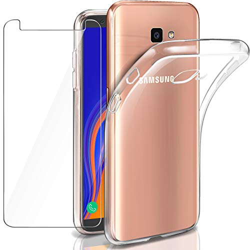 Leathlux Funda + Cristal para Samsung Galaxy J4 Plus, Transparente TPU Silicona [Funda + Vidrio Templado] Ultra Fino Protector de Pantalla 9H Dureza HD Case Cover para Samsung Galaxy J4 Plus