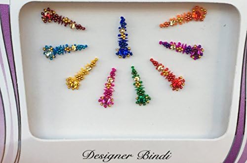 BDS283_Mul: Mehya's Designer Pack Multi Colour Bindi with silver and gold crystal, gold pearl beads and gold threading Bindis, Chandla, Tattoo, Body Art, Decor, Card Marking, Bollywood