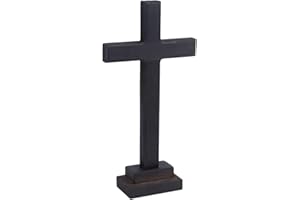 GOMAKERER 1 cruz de madera hecha a mano, cruz de pared de madera negra con soporte, decoración de cruz para colgar o de pie, cruz religiosa montada en la pared para decoración del escritorio del hogar