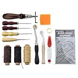 Beunyow 14 Pcs Kit Outils De Couture en Cuir, Ensemble de Outils de Maroquinerie Leathercraft DIY Accessoires à Coudre with Groover, Alêne, Fil, Aiguille en Cuir pour Piquer, Coudre et Rainurer