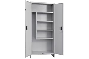 TICKOFFICE Armadio Multiuso Portascope in metallo 4 ripiani, vano porta scope- 2 ante per aziende, uffici, negozi, garage, ripostiglio (Grigio, 180x60x40 cm)
