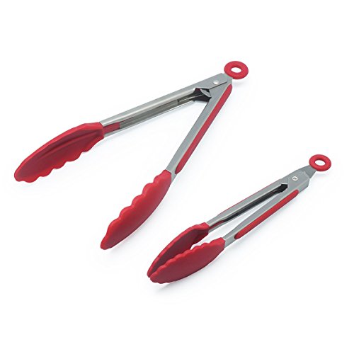 Pixnor Küche aus Edelstahl Essen Zangen mit Silikon-Tipps für BBQ, Kochen und Backofen, Set 3, rot - 2