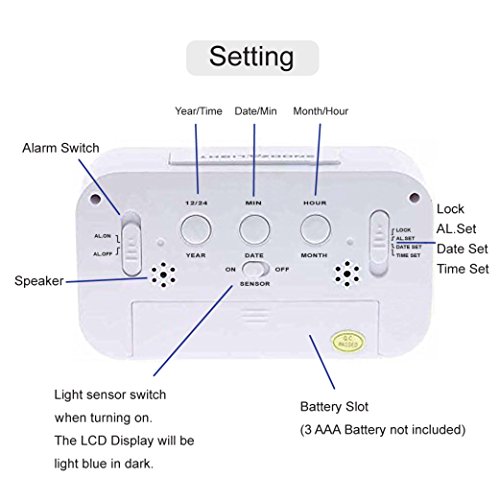 Kings & Queens LCD Wecker Mit Datums-Anzeige, Wiederholter Schlummerfunktion, Sensorlicht Und Nachtlicht, Intelligent, Simpel Und Leise, 13 cm – Weiss - 3