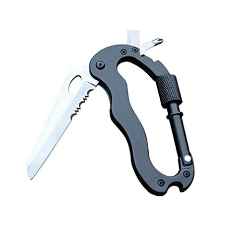 Mosquetón de Escalada Cuhillo de Multifución de Acero para Excursionismo Supervivencia Abridor y Destornillador Color Negro