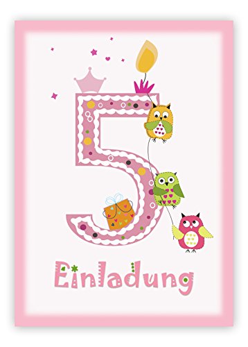 Einladungskarten Kindergeburtstag zum 5. Geburtstag in rosa mit Eulen, incl. passender Umschläge - 2