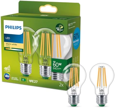 Philips Ultra Efficient - Ultra energy saving lights, E27 LED light source, 60W, A60, warm white, pack of 3, clear