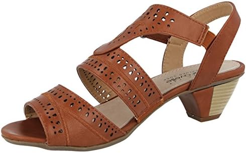 Ladies Fabs Patent Faux Leather Peep Toe Sling Back T Bar Wood Effect Mid Block Heel Sandals Shoes Size 3-8 (UK 7, Brown W)