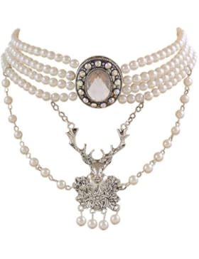 Edel Trachtenschmuck Perlen Kristall Kropfkette weiß Perlenschimmer mit Hirsch-Anhänger Kristall