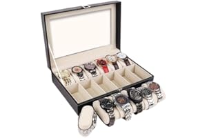 ZiaWorld 12 Grid Watch Storage Box, Watch Display Case, Made of Faux Leather with Glass Lid, 12 Slots Removable Soft Cushions, Suede Interior, Scratch Resistant Watch Collection Box