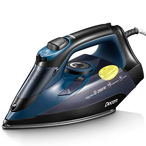 Ferro da Stiro 2500W, Decen Ferro da Stiro a Vapore con Piastra in Nanoceramica, 300g/min Vapore, Serbatoio da 300ml, Cavo da 2m, Autopulente, Anti-Calcificazione, Antigocci, Vapore Verticale