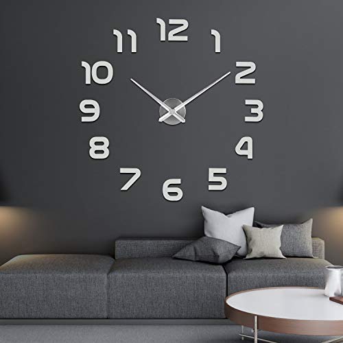 SOLEDI Mute DIY Reloj de Pared, 3D Reloj Pared Adhesivo, Sin Marco Tamaño Grande Reloj, Decoración Ideal para la Casa Oficina Hotel Restaurante, 2 Años de Garantía(Plata)