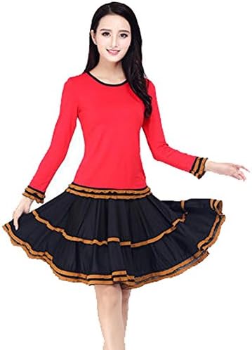 Byjia Women Latin Square Dance Dress Ballroom Costume Professional Performance Sets Short Long Sleeves Cotton Big Pendulum Skirt Practice Match Uniforms Red1 S