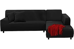 FIGOOO Sofabezug Ecksofa L Form Links Rechts Stretch Sofa Überwürfe 2er mit 2 Stück Kissenbezug Abnehmbarer Universal Elastische Couchbezug Sofahusse L Shaped (2 Sitzer+3 Sitzer,Schwarz)