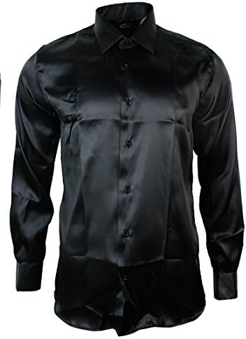 Mens Italian Design Black Silk Satin Finish Shirt Smart Slim Fit