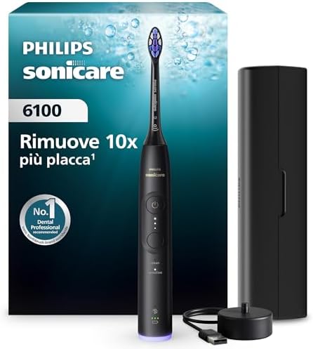 Spazzolino Philips Sonicare serie 6100 - tecnologia Next Generation Sonicare, sensore di pressione, 6 impostazioni, SmarTimer, BrushPacer, autonomia di 21 giorni, custodia da viaggio, nero, HX7401/12