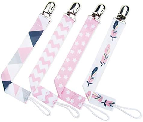 SEVENHOPE Dummy Clips Baby Pacifier Clips 4 Pack Pacifier Holder Straps for Girls (Style 6 Pink Geometric Wavy Stars Leaves)