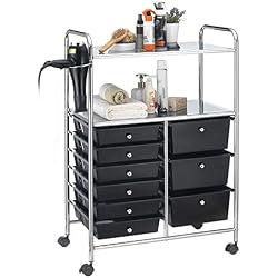 IDIMEX Caisson sur roulettes Marita Chariot avec 9 tiroirs en Plastique Noir et 2 étagères avec Anneau Porte sèche Cheveux, Meuble de Rangement pour Salle de Bain en métal chromé