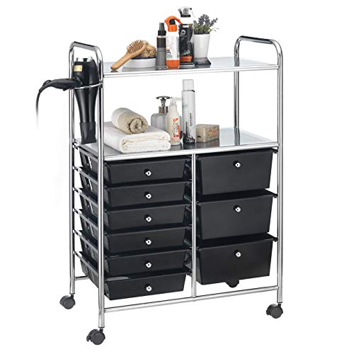 IDIMEX Caisson sur roulettes Marita Chariot avec 9 tiroirs en Plastique Noir et 2 étagères avec Anneau Porte sèche Cheveux, Meuble de Rangement pour Salle de Bain en métal chromé