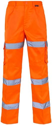 MyShoeStoreHi Viz Vis 3 Band Polycotton Trousers High Visibility Safety Work Wear Reflective Tape Stripe Workwear Combat Cargo Fluorescent Pants Bottoms Plus Big Sizes 30-52
