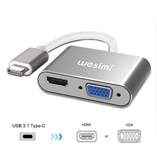 Typ C auf HDMI + VGA Adapter, wesimi USB 3.1 Typ C (USB C) auf VGA HDMI UHD Konverter Adapter mit Aluminium Gehäuse für MacBook / ChromeBook Pixel, Plug & Play (Typ c zu hdmi vga Adapter)