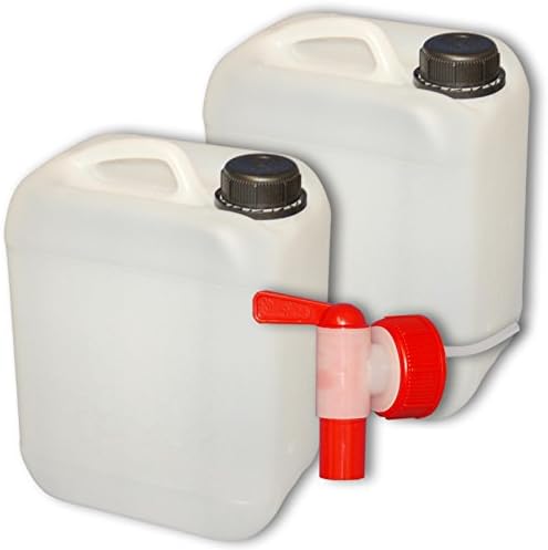 Lot of 2 plastic jerricans 5 L, water container, White, DIN 45 + 1 tap (22024x2+22039)