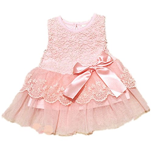 Baby Girls Kids Princess Party Birthday Lace Floral Bow Formal Dress (110 ( 12-18 Months ), Pink)
