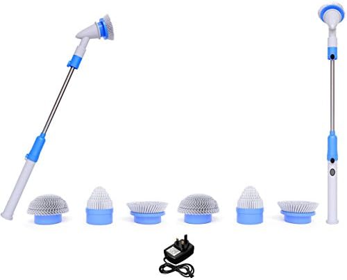 Cordless Turbo Scrub With 6 Brushes: Electric Scrubber With Extendable Handle For Easy Use, Deep Cleaning For Bathroom And Kitchen, Tiles, Floor And Every Surface, Rechargeable Cleaner With UK Plug
