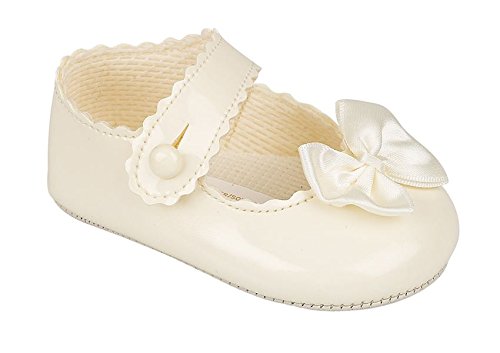 BABY GIRLS PATENT BOW BUTTON PRAM WEDDING CHRISTENING PARTY MADE IN ENGLAND SHOES (6-12 Months (Size 2), Ivory Patent)